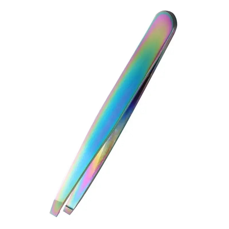 Iridescent or holographic tweezer with angled tips.