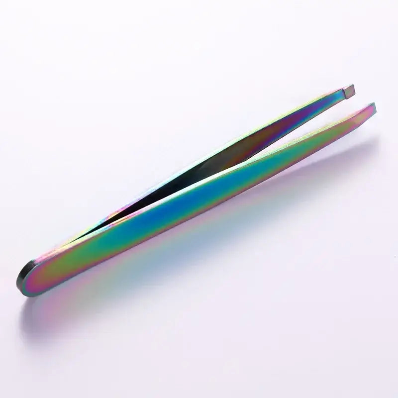 Iridescent metal tweezers with a pointed tip.