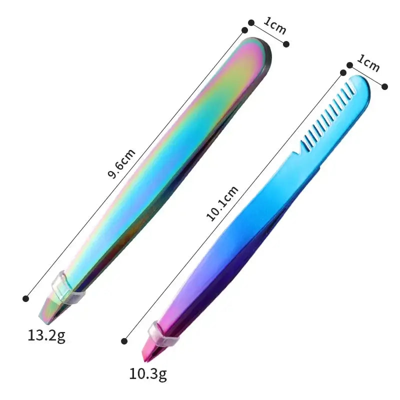 Colorful metal tweezers with different designs and measurements indicated.