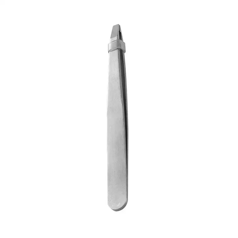 Stainless steel tweezer with a pointed tip.