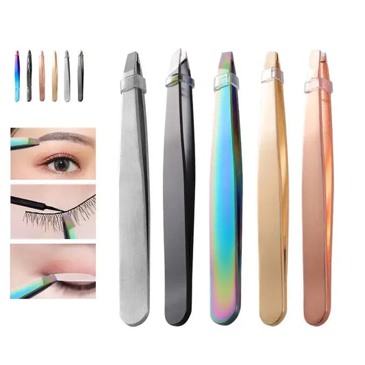 Set of eyebrow and eyelash tweezers in various metallic colors and finishes.