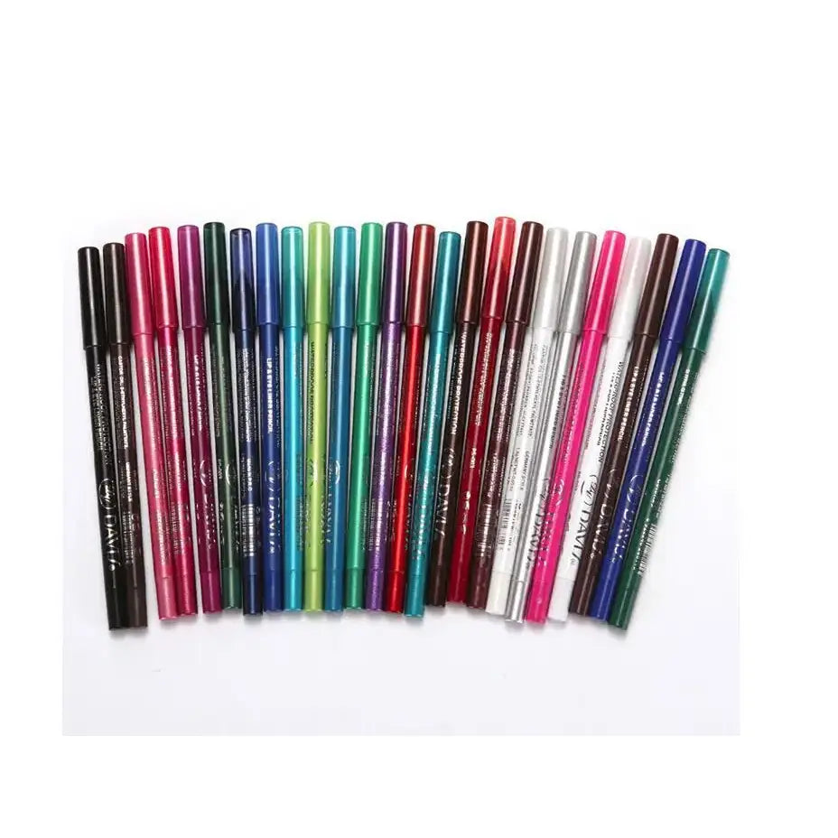 Colorful array of eyeliner pencils arranged in a row.