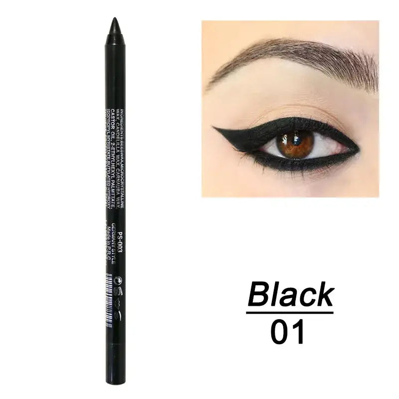 Black eyeliner pencil with a corresponding eye makeup example.