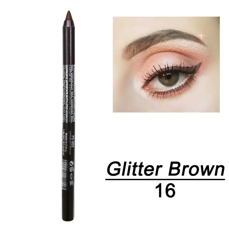 Brown eyeliner pencil with ’Glitter Brown 16’’ label.