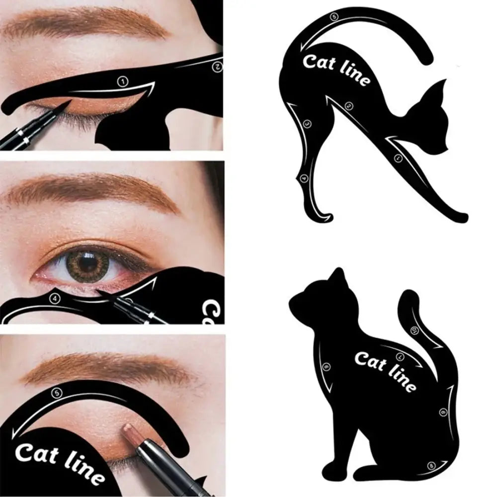 Cat-shaped eyeliner stencil tool for creating precise winged eyeliner looks.