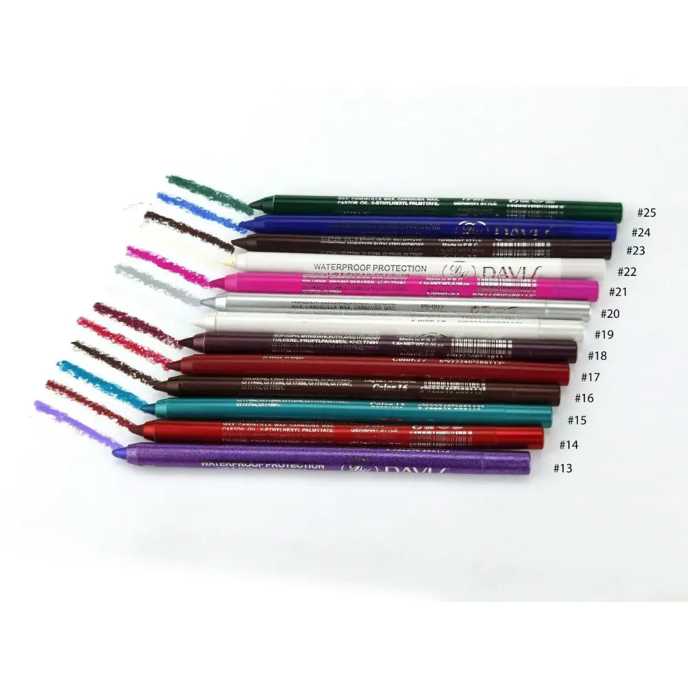 Collection of colorful eyeliner pencils arranged in a row.