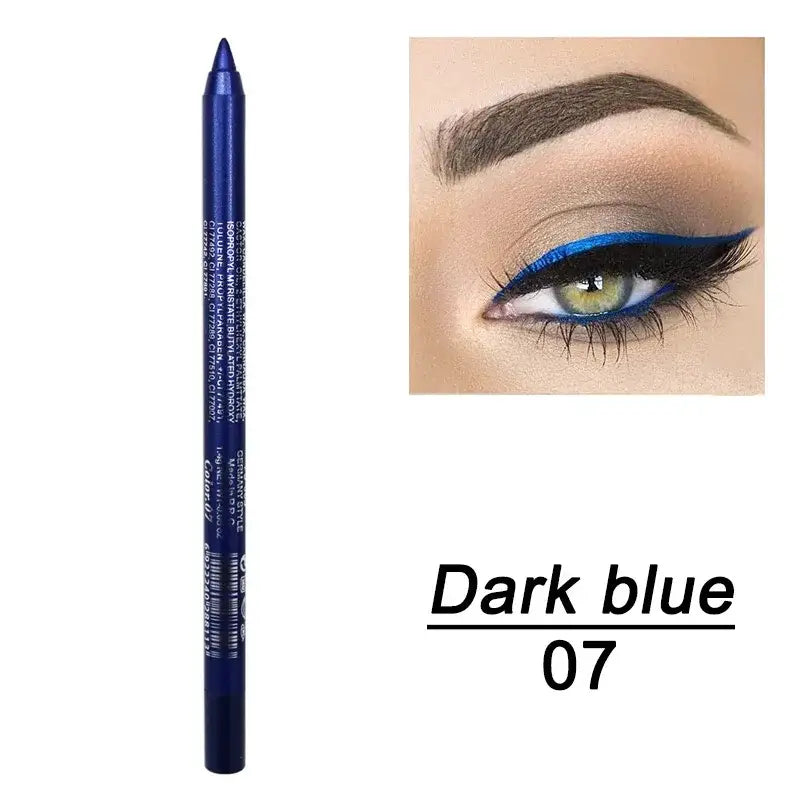 Dark blue eyeliner pencil with a corresponding eye makeup example.