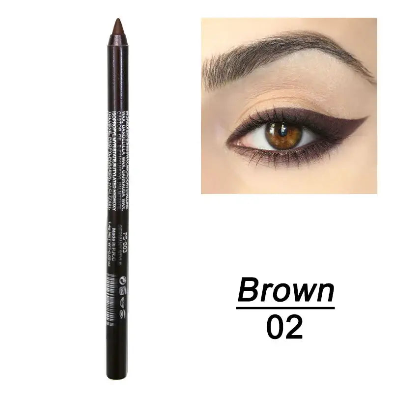 Dark brown eyeliner pencil with product information.