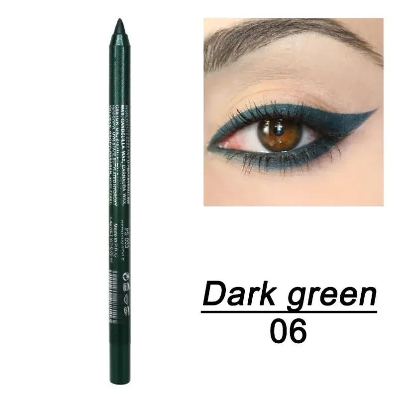 Dark green eyeliner pencil with a corresponding eye makeup example.