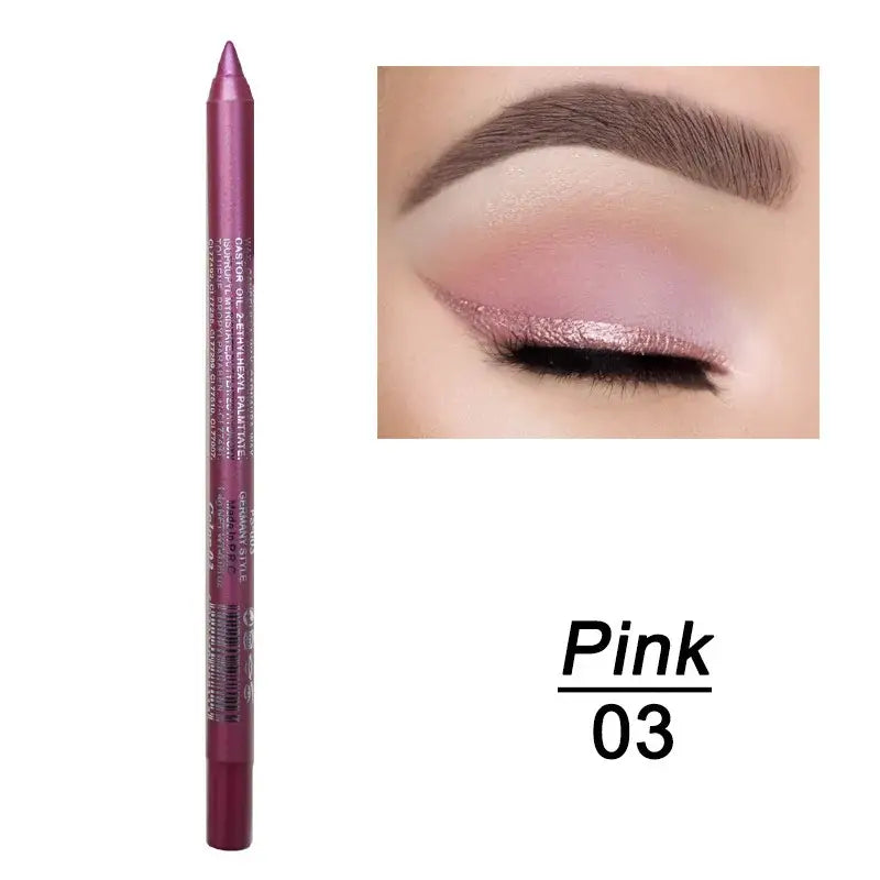 Metallic pink eyeliner pencil with a sharpened tip.