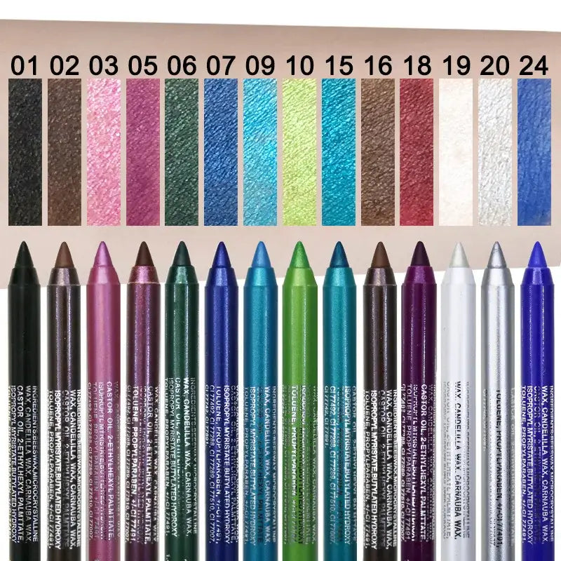 Set of colorful eyeliner pencils with corresponding color swatches above.