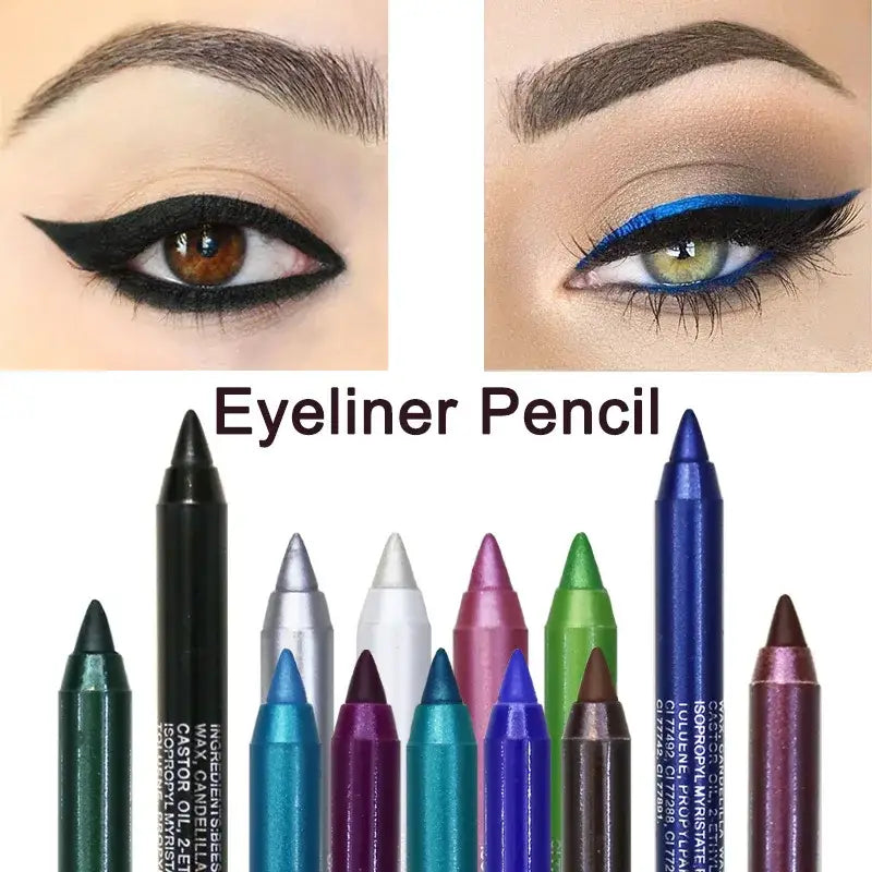 Colorful eyeliner pencils in various shades.