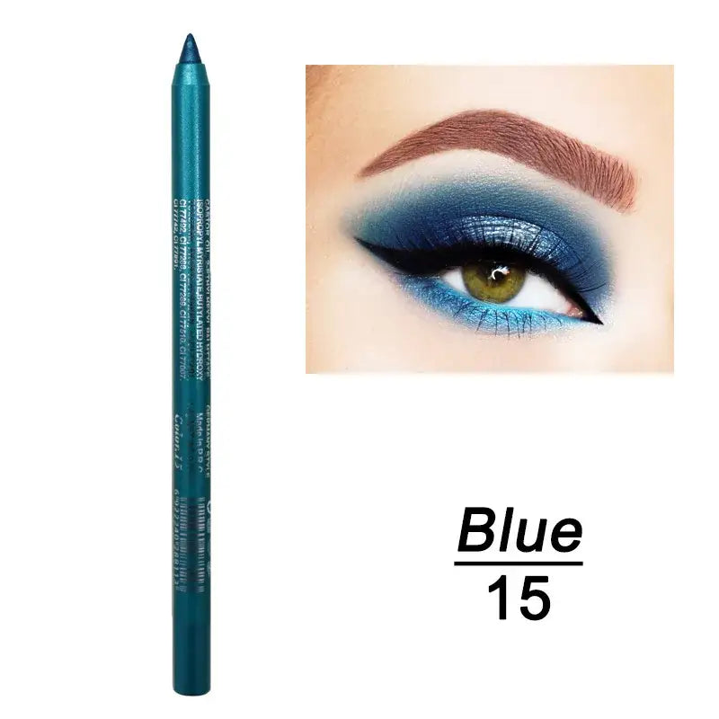 Teal-colored eyeliner pencil with ’Blue 15’’ text below.