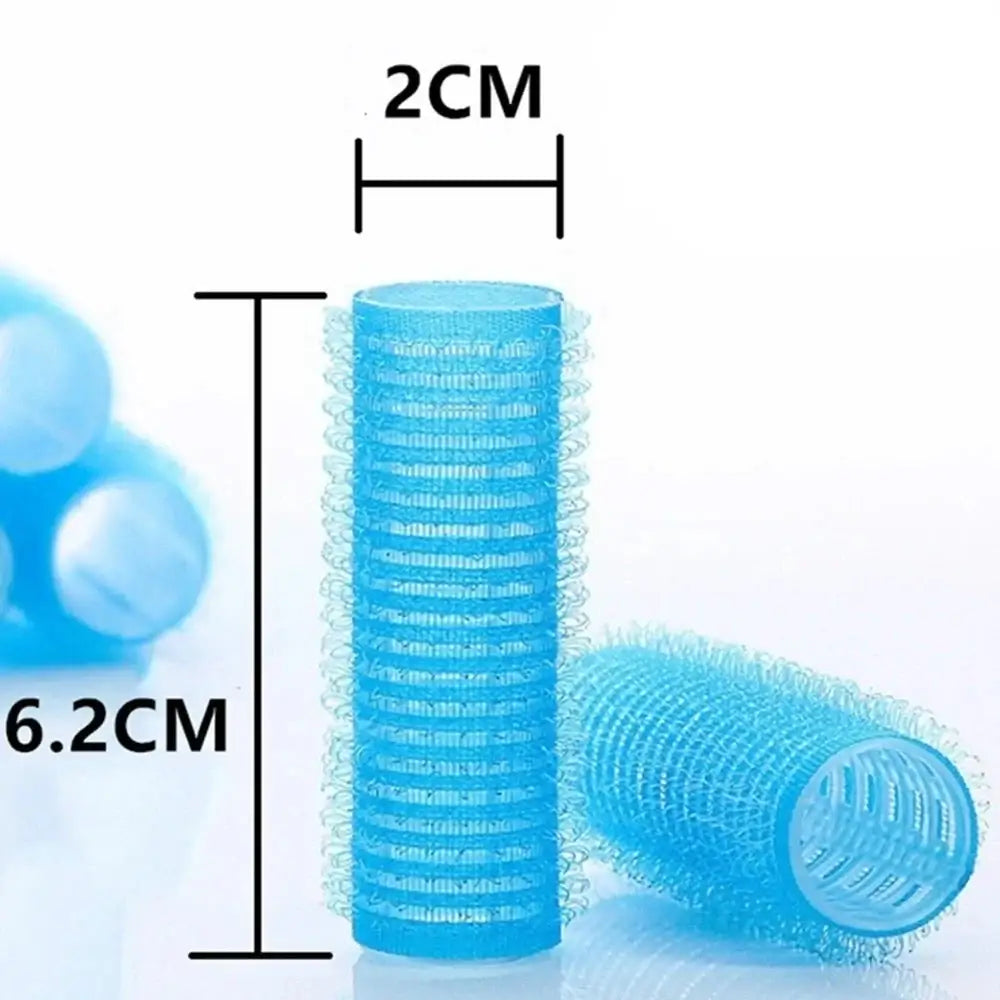 Blue cylindrical hair roller with a textured surface.