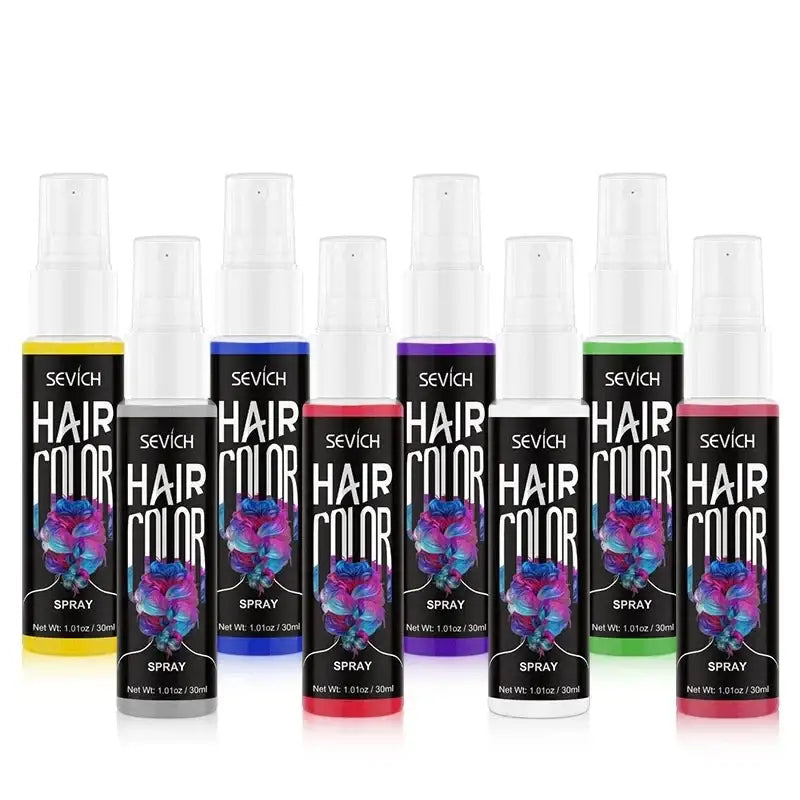 Collection of colorful hair color spray bottles in various shades.