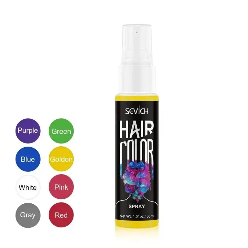 Hair color spray bottle with multiple color options displayed.