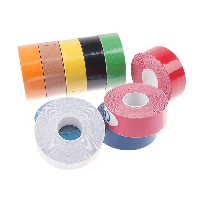 Colorful rolls of adhesive tape or duct tape in various hues.