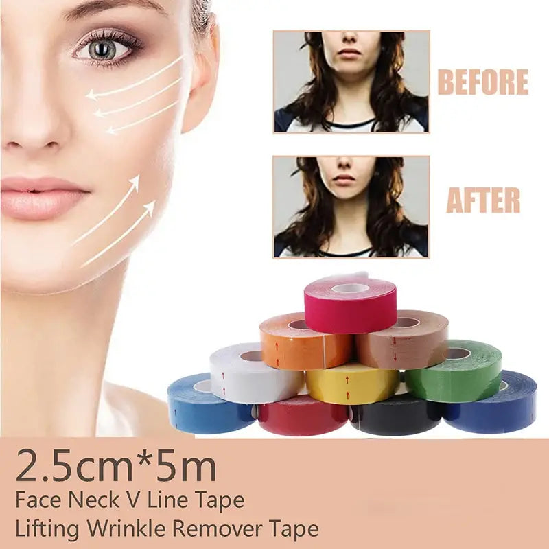 Colorful rolls of adhesive tape marketed for facial wrinkle reduction and lifting.