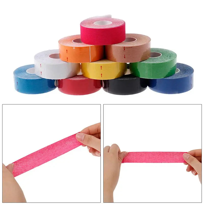 Colorful rolls of kinesiology or athletic tape stacked in a pyramid formation.