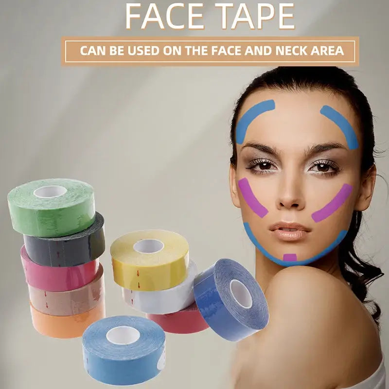 Colorful rolls of kinesiology or athletic tape for use on the face and neck area.