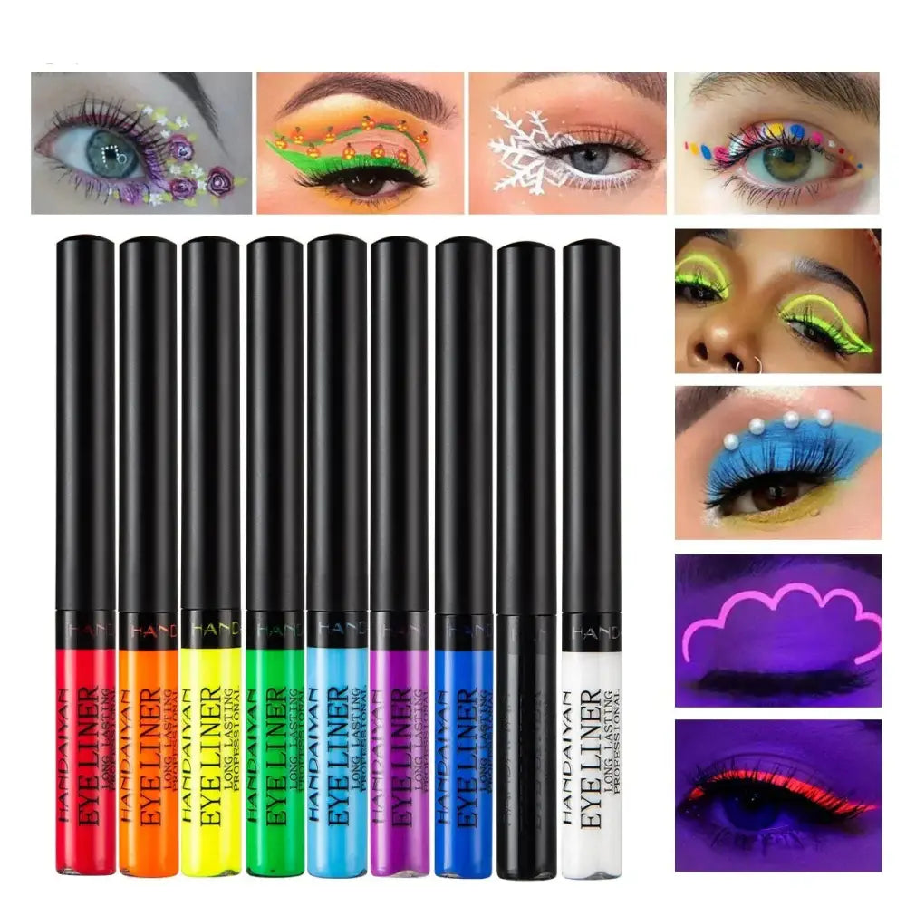 Set of colorful liquid eyeliner pens in various vibrant shades.