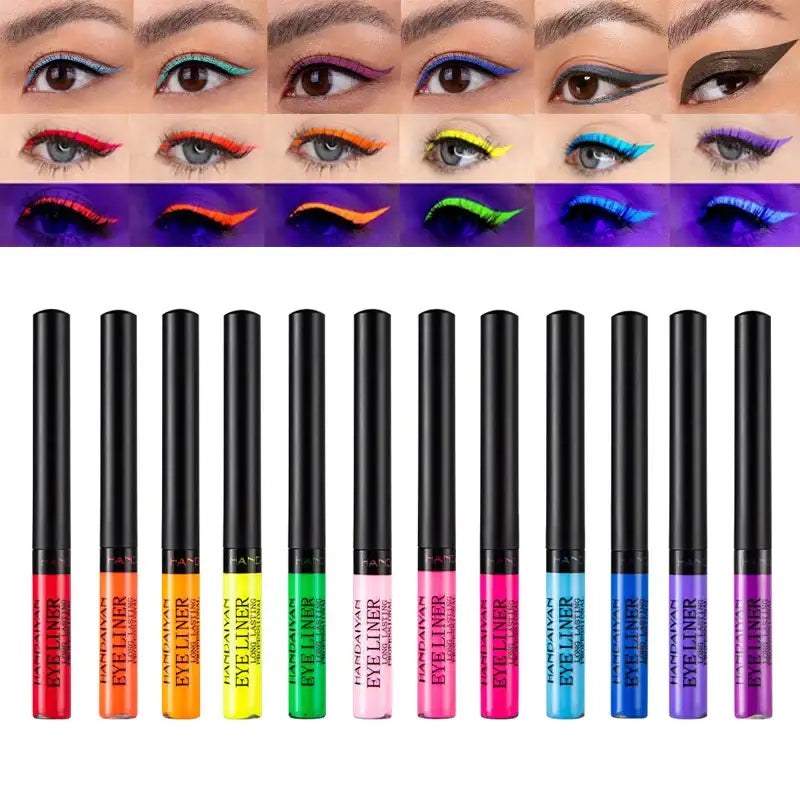 Set of colorful liquid eyeliner pens with corresponding eye makeup examples above.