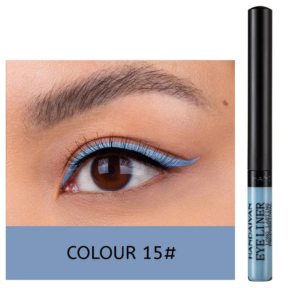 Blue liquid eyeliner pen with a corresponding eye makeup example showing a light blue winged liner look.