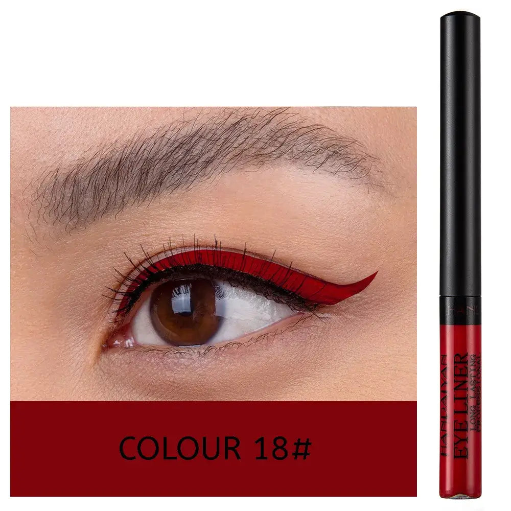 Red liquid eyeliner with a close-up of an eye showcasing the product’s application.