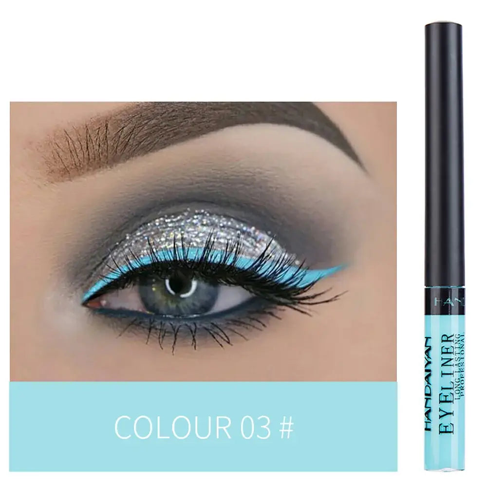 Vibrant blue liquid eyeliner pen next to a close-up of an eye with glittery blue and silver eye makeup.