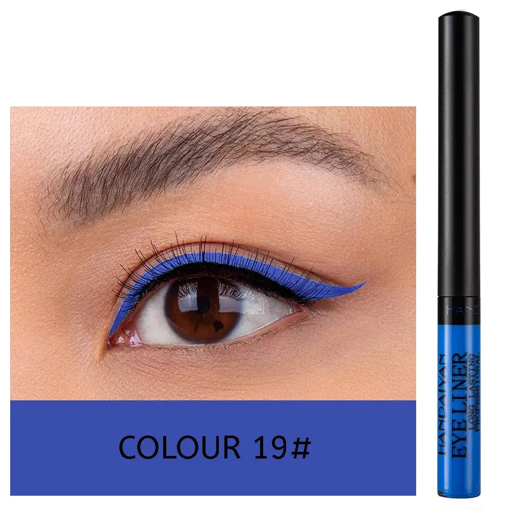 Vibrant blue liquid eyeliner with a black applicator wand.