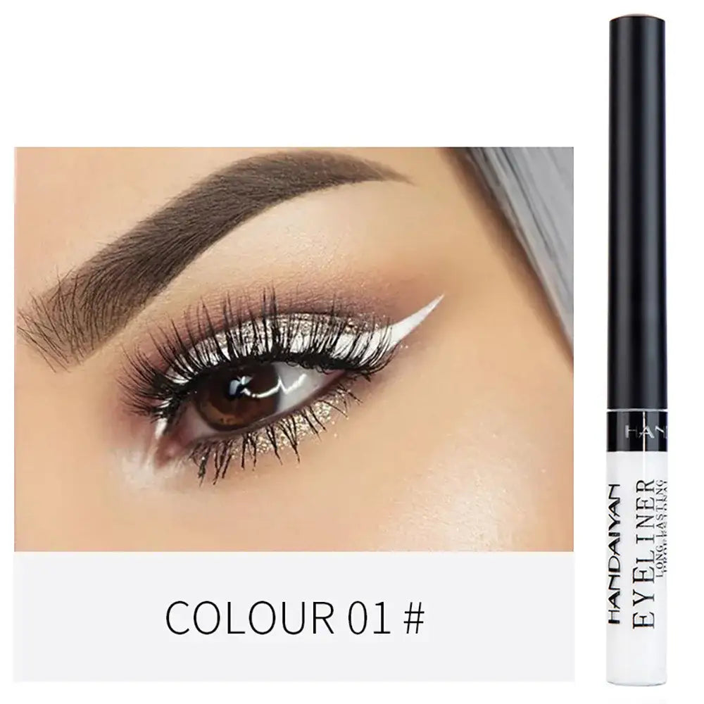 White liquid eyeliner pen with a black cap alongside a close-up image of an eye with dramatic white winged eyeliner.