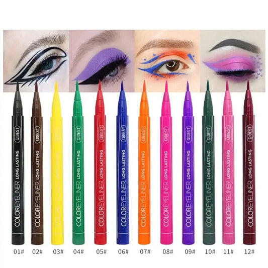 Set of colorful liquid eyeliner pens with corresponding eye makeup examples.