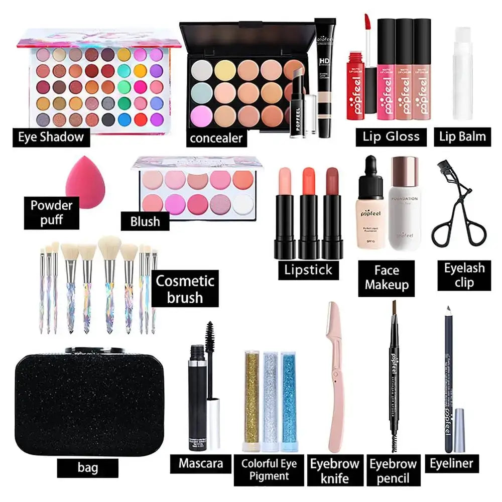 Collection of various makeup products and cosmetic tools labeled with their names.