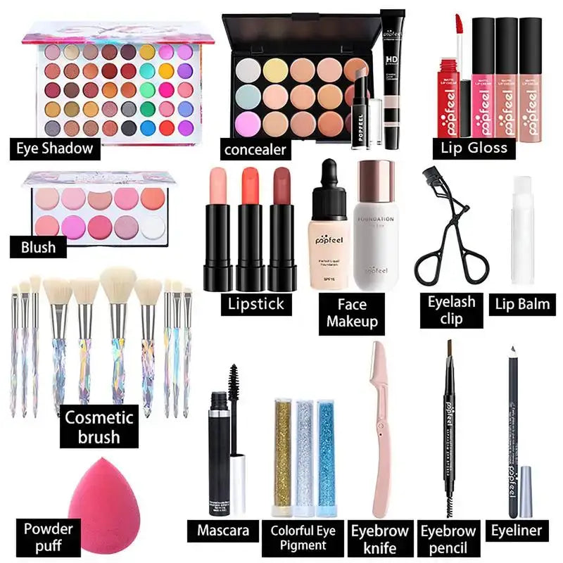 Collection of various makeup products and cosmetic tools labeled with their names.