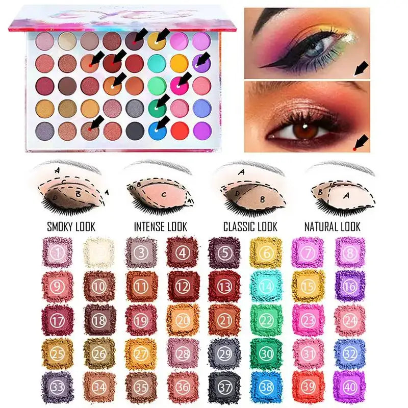 Colorful eyeshadow palette with various shades and eye makeup looks displayed.