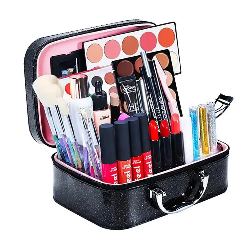 Makeup case filled with various cosmetic products and tools.