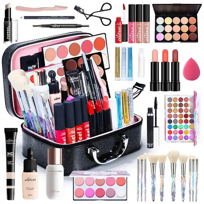 Makeup case filled with various cosmetic products and beauty tools.