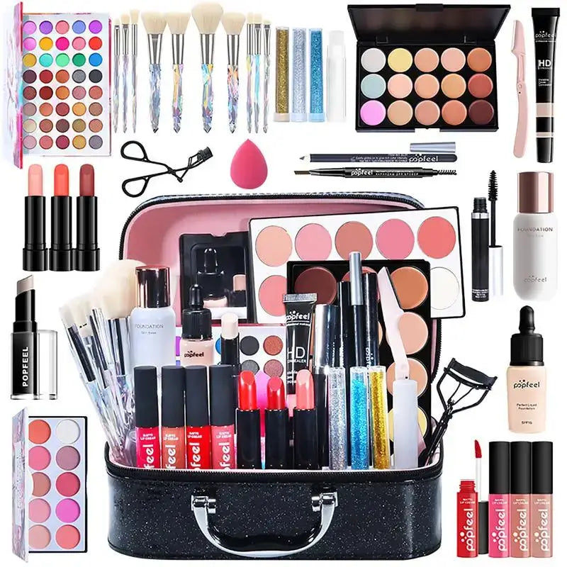 Makeup kit filled with various cosmetic products and tools.