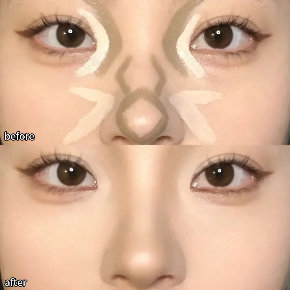 Before and after comparison of nose contouring makeup technique on a person’s face.