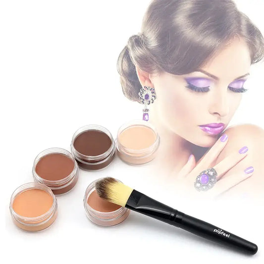 Makeup products including foundation pots and a brush alongside a stylized portrait of a woman with purple eye makeup.