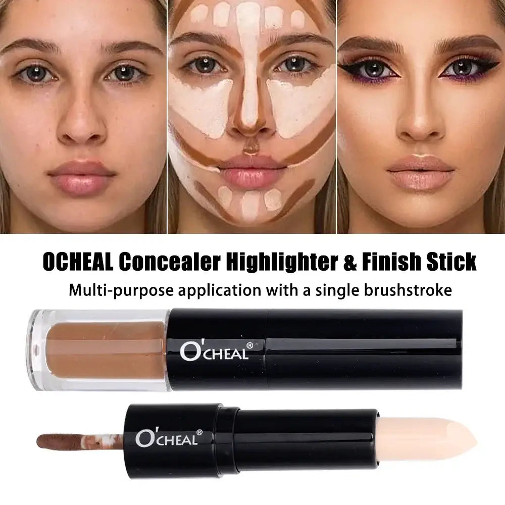 Makeup concealer and highlighter stick with before and after application examples shown above.