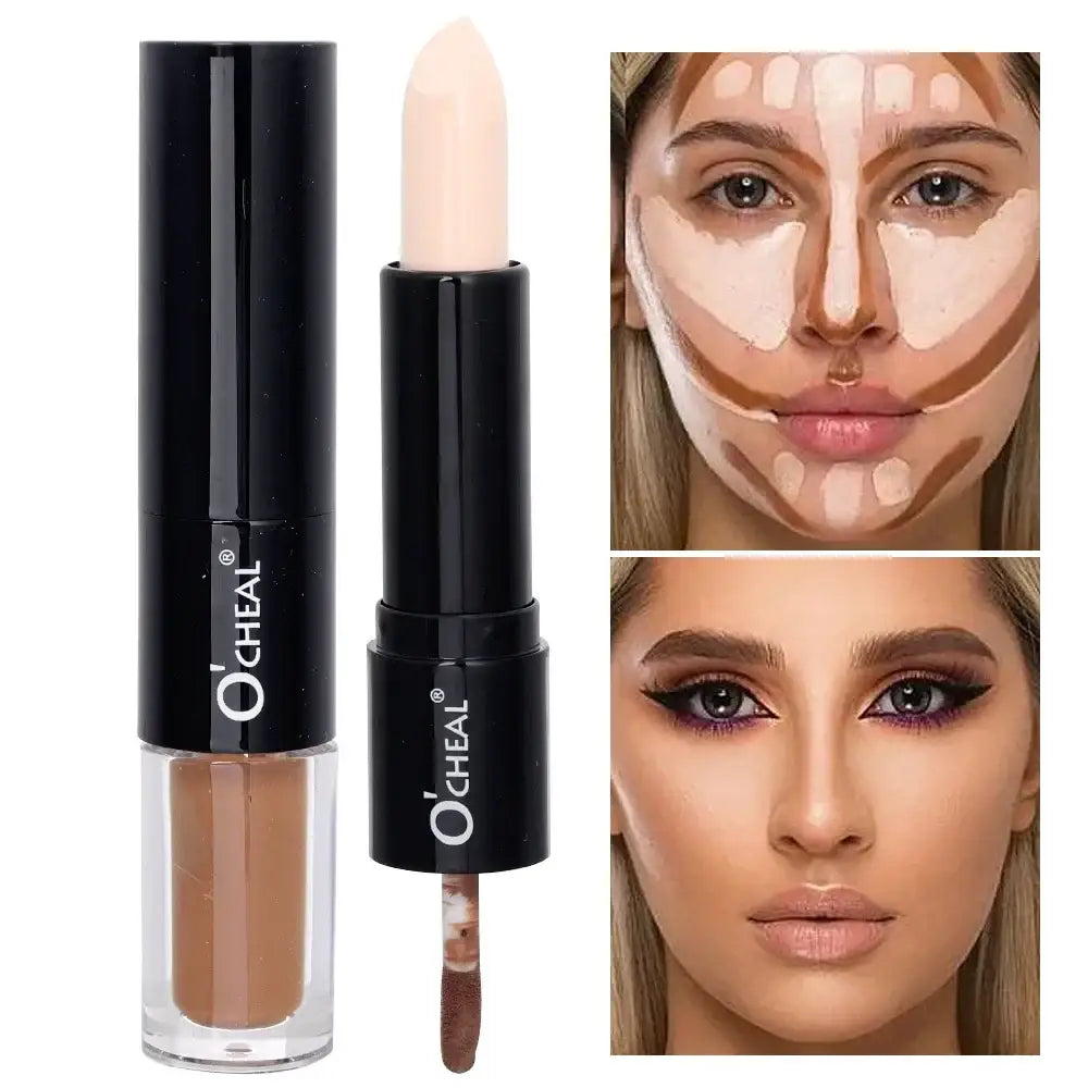 Makeup concealer stick and liquid product with before and after application photos.