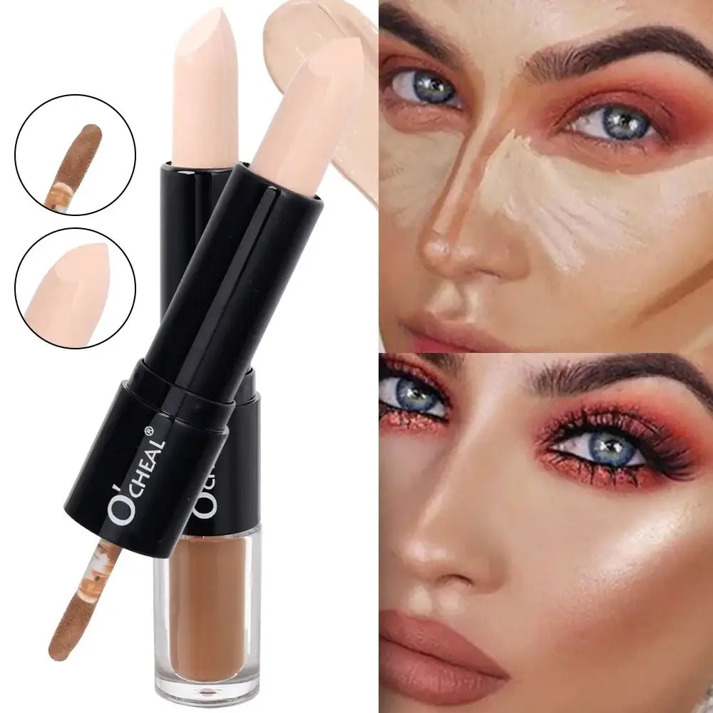 Dual-ended makeup concealer stick with liquid and cream formulas.