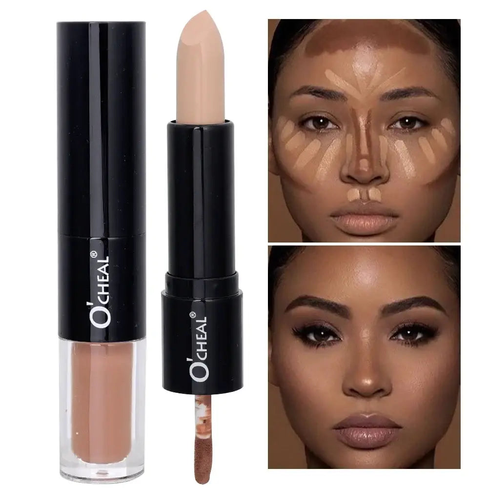 Dual-ended makeup product with a liquid and stick concealer or highlighter.