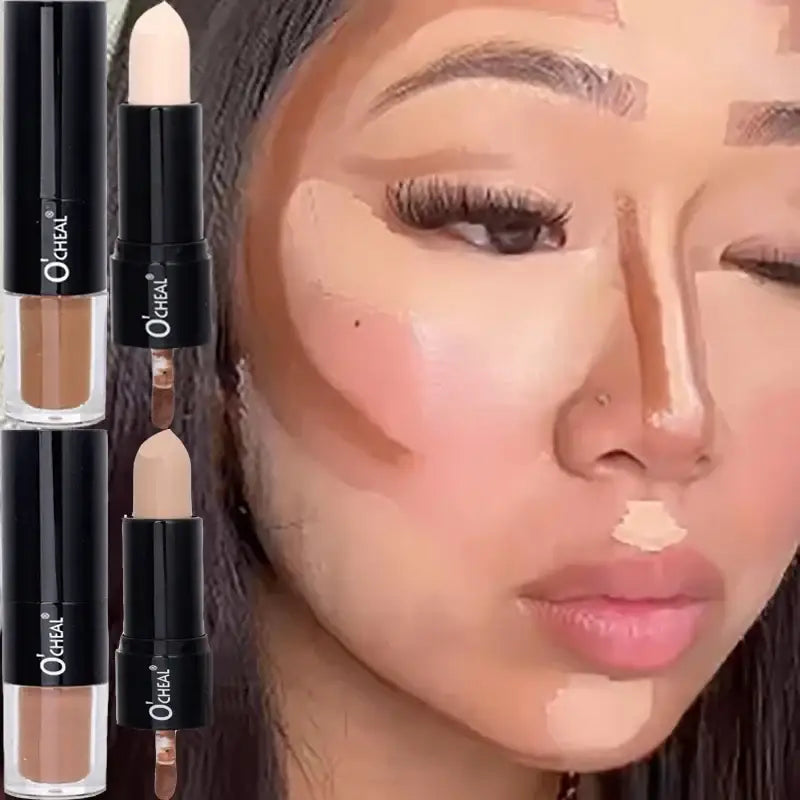 Partially made-up face demonstrating contouring and highlighting makeup techniques.