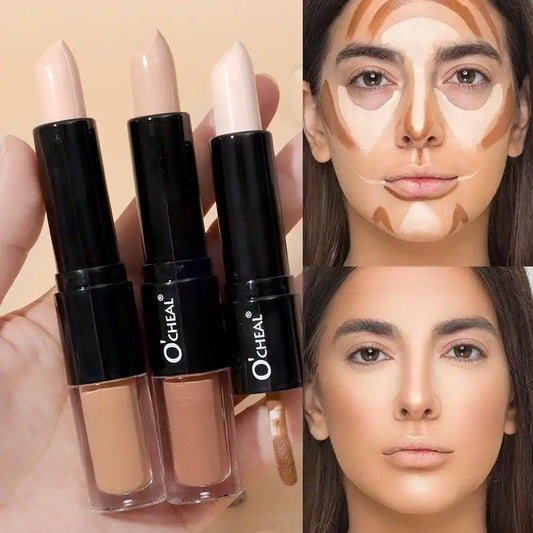 Makeup contouring sticks and their application demonstrated on a woman’s face.