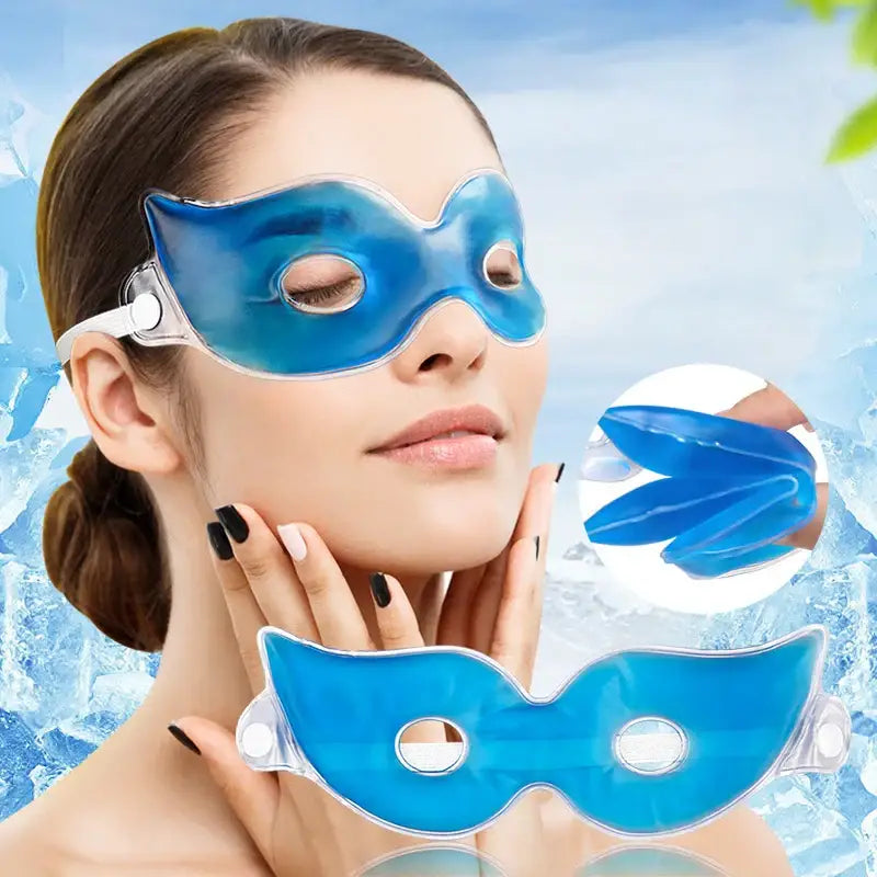 Blue gel eye mask worn on a person’s face for cooling or relaxation.