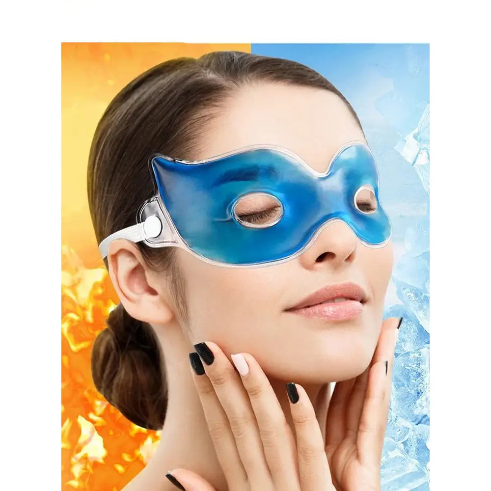 Blue gel eye mask worn on a person’s face.