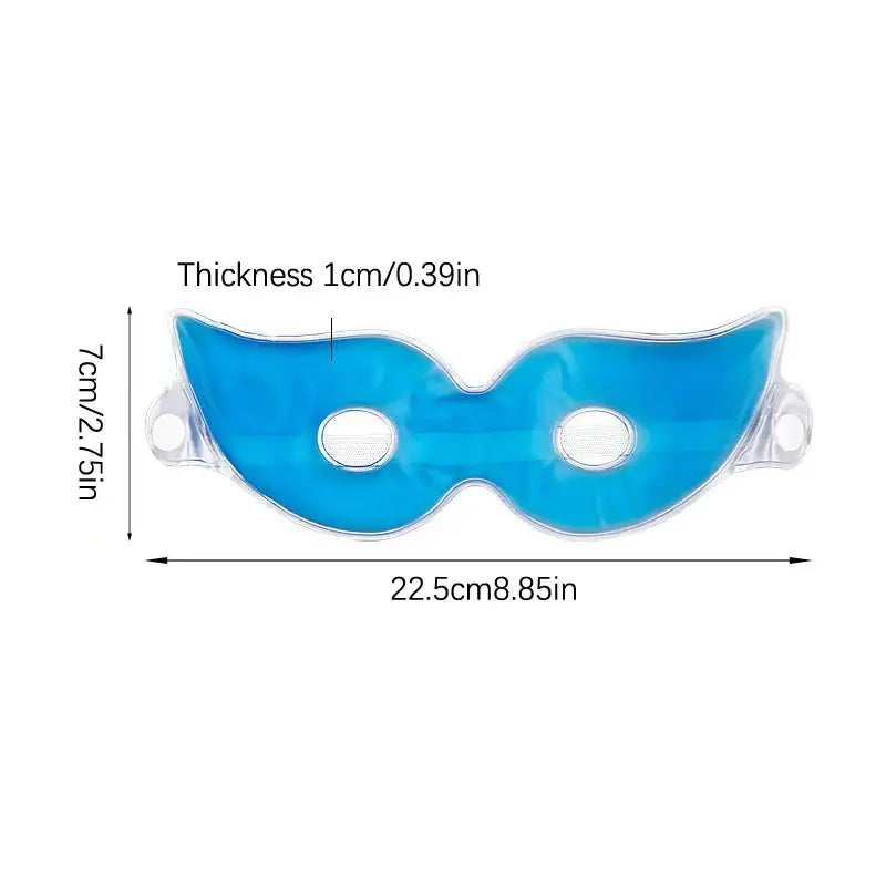 Blue gel eye mask with measurements indicated for thickness and width.