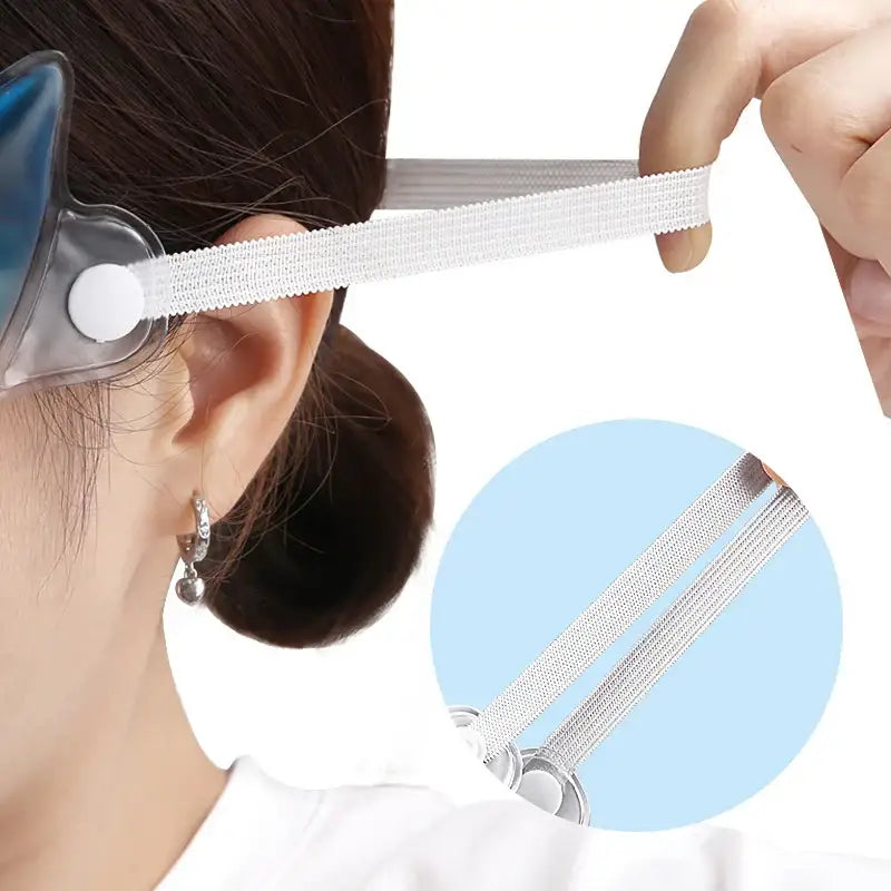 Adhesive ear support strip for holding glasses in place.